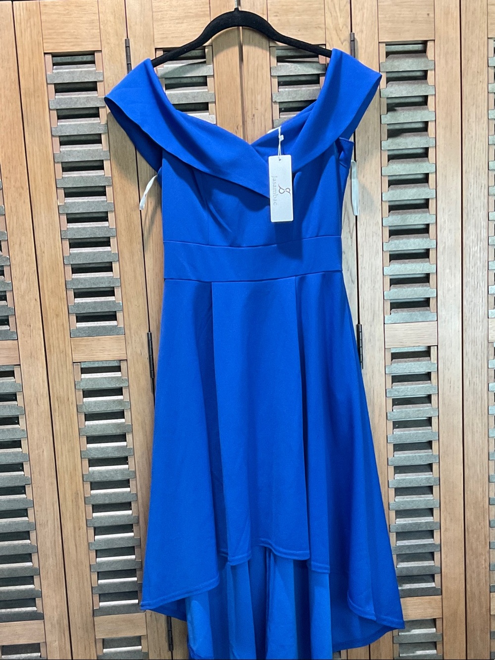 Off-Shoulder High-Low Cocktail Dress in Royal Blue